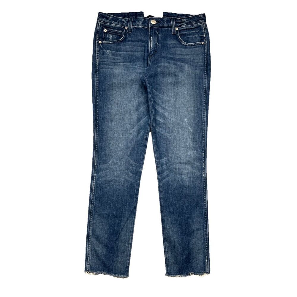 AMO Stix Crop Jeans 29 (30x26.5) Pacific Blue Distressed Denim Mid Rise Womens